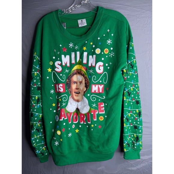 ELF Tops - Elf Movie Buddy The Elf Smiling Is My Favorite Green Holiday Sweatshirt XL